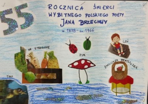Praca uczennicy kl. 5 a Doroty Gołębiewskiej przedstawiająca bohaterów wierszy: „Na straganie”, „Leń”, „Zoo”, „Entliczek pentliczek”.